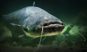 Ein großer Wels mit Barteln schwimmt im trüben Wasser. Sein beeindruckendes Gewicht lässt ihn majestätisch wirken.