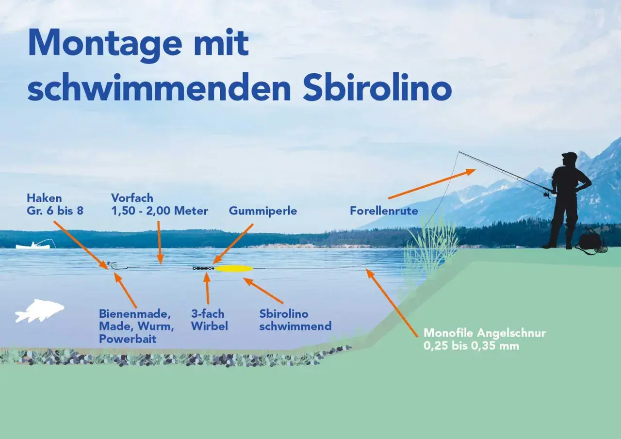 Montage mit schwimmenden Sbirolino: Haken, Vorfach, Gummiperle, 3-fach Wirbel, Köder und Sbirolino schwimmend am Forellenruten-System.