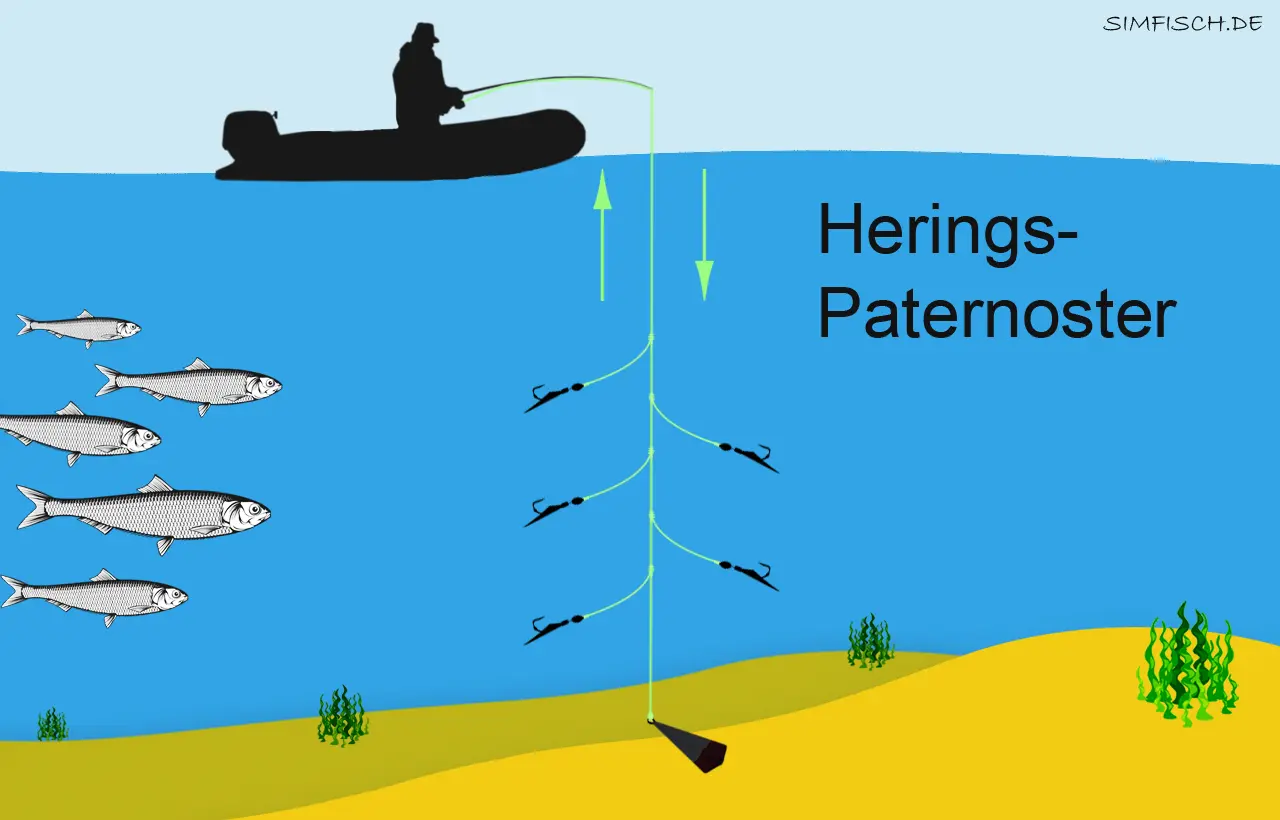 Silhouette eines Anglers auf einem Boot, der mit einer Paternoster-Montage auf Heringe angelt. Mehrere Heringe schwimmen im Wasser.