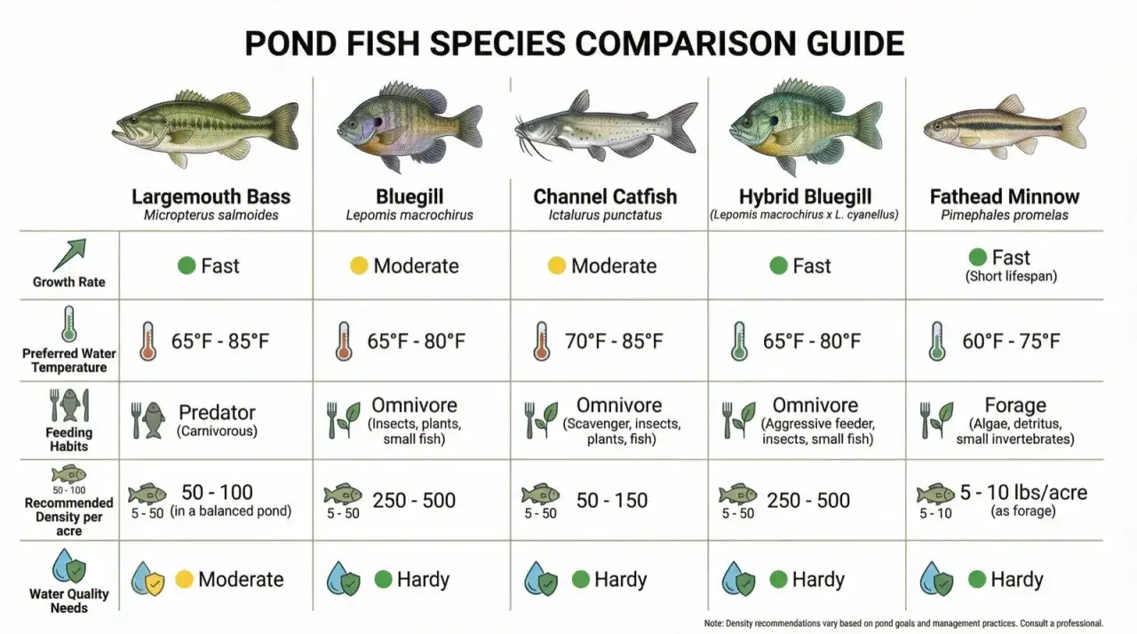 Vergleichstabelle für Teichfische: Der Largemouth Bass wächst schnell, ist ein Raubfisch und bevorzugt 65-85°F.