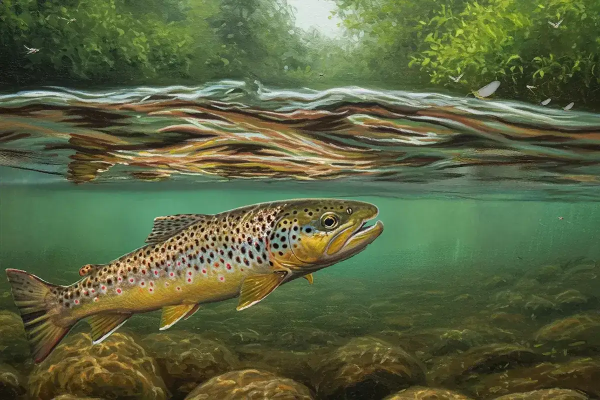 Eine Forelle schnappt nach Insekten &uuml;ber dem Flussgrund. Das zeigt, warum springen Forellen &ndash; auf der Jagd nach Futter!