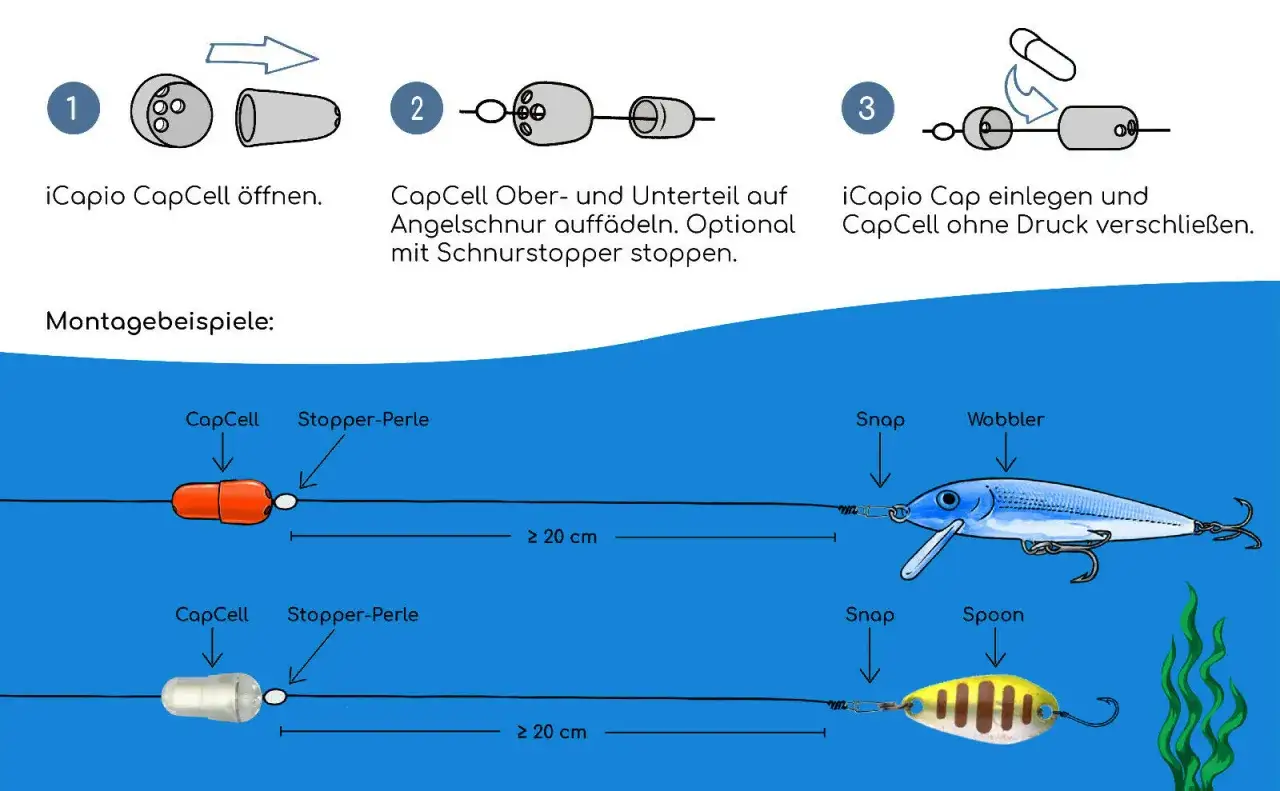 Anleitung zur Montage eines Feeder-Systems mit iCapio CapCell. Zeigt das Öffnen, Auffädeln und Verschließen des CapCells. Montagebeispiele mit Wobbler und Spoon.