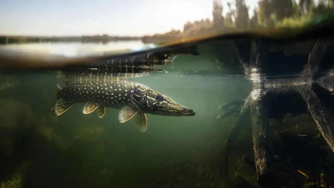 Ein Hecht lauert im tr&uuml;ben Wasser, bereit zum Angriff. Die Unterwasserwelt zeigt seine Raubfisch-Natur.