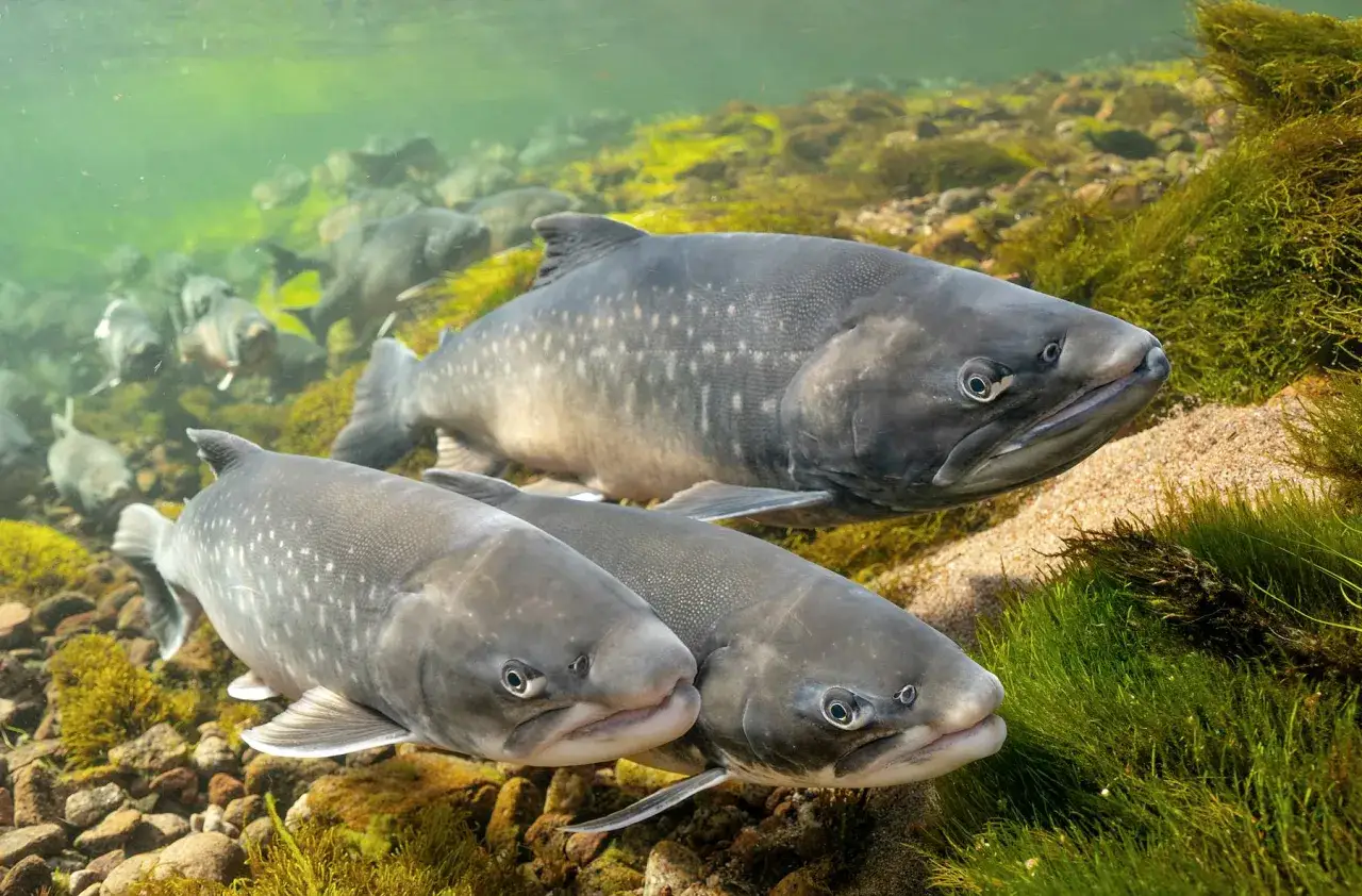 Drei stattliche Salmoniden Fische schwimmen in klarem Wasser über einem steinigen Grund mit Moos.